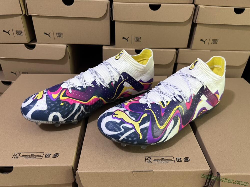 Puma Future Ultimate NJR MG Low-Tops Soccer Cleats - White/Purple/Yellow