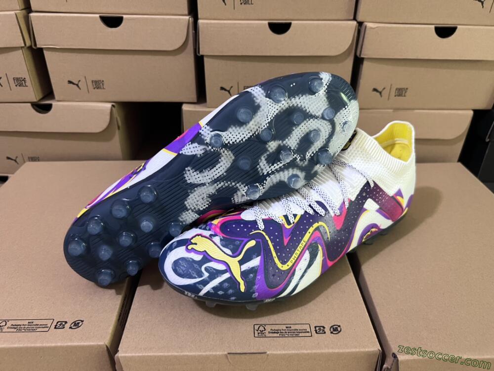 Puma Future Ultimate NJR MG Low-Tops Soccer Cleats - White/Purple/Yellow