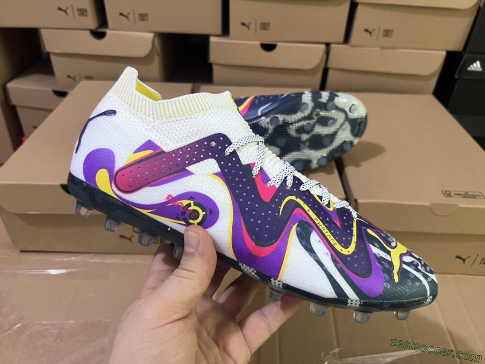 Puma Future Ultimate NJR MG Low-Tops Soccer Cleats - White/Purple/Yellow