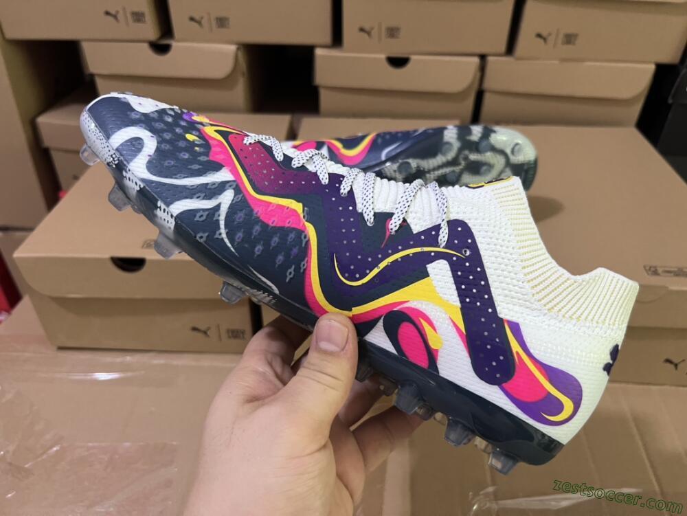 Puma Future Ultimate NJR MG Low-Tops Soccer Cleats - White/Purple/Yellow