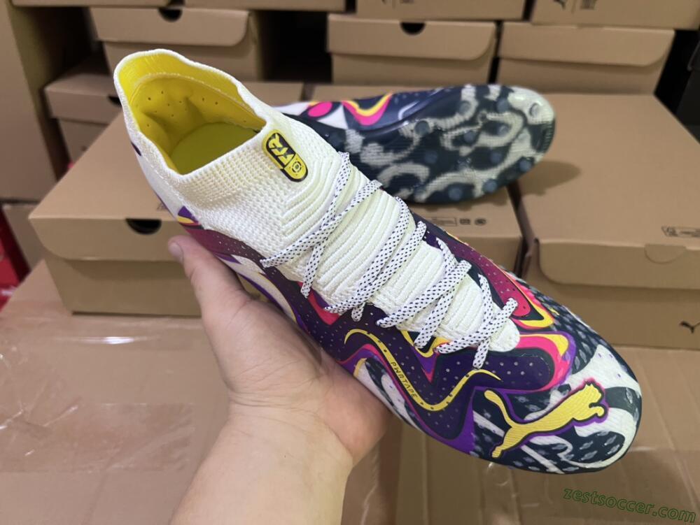 Puma Future Ultimate NJR MG Low-Tops Soccer Cleats - White/Purple/Yellow