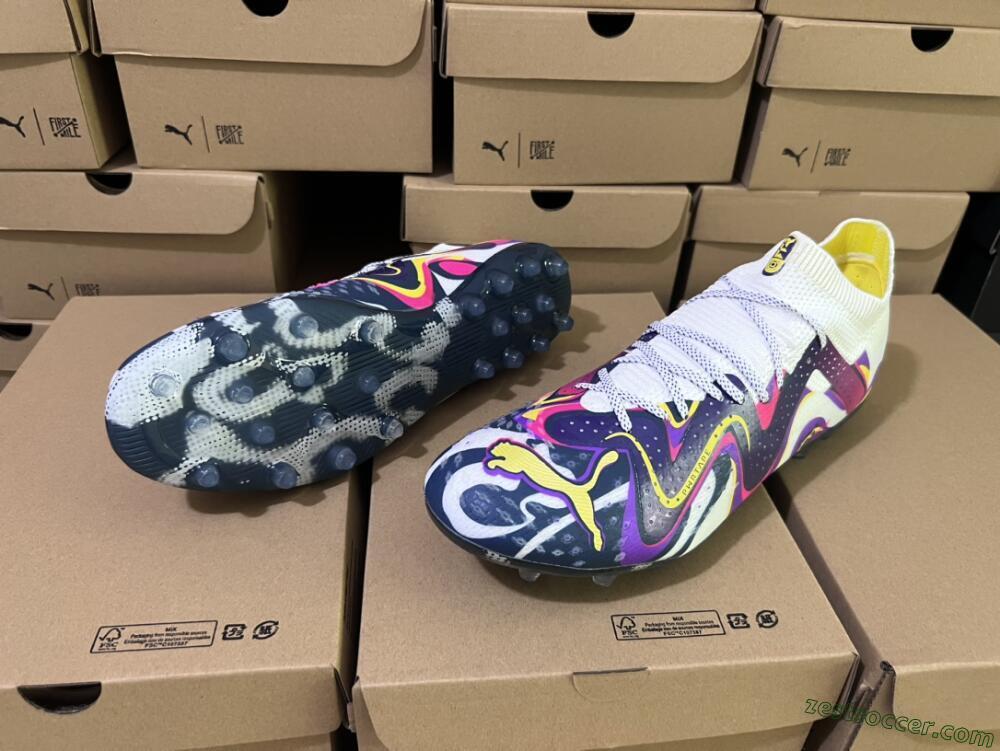 Puma Future Ultimate NJR MG Low-Tops Soccer Cleats - White/Purple/Yellow