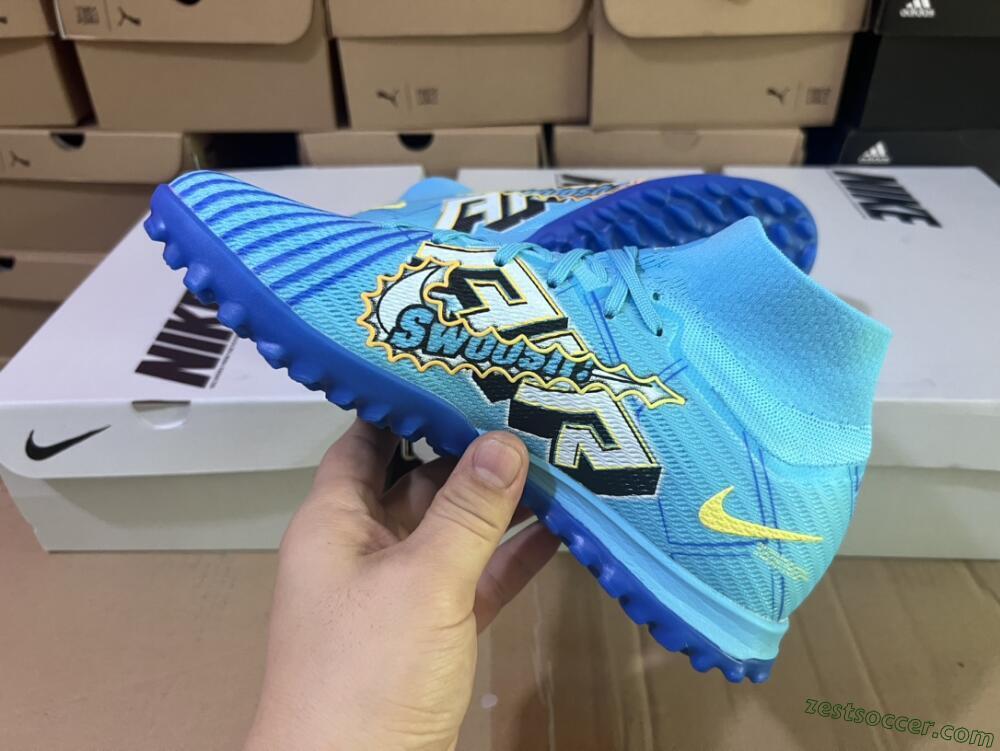 Kylian Mbappe x Nike Air Zoom Mercurial Superfly 9 Elite TF High-Tops Soccer Shoes - Blue/Yellow/Black