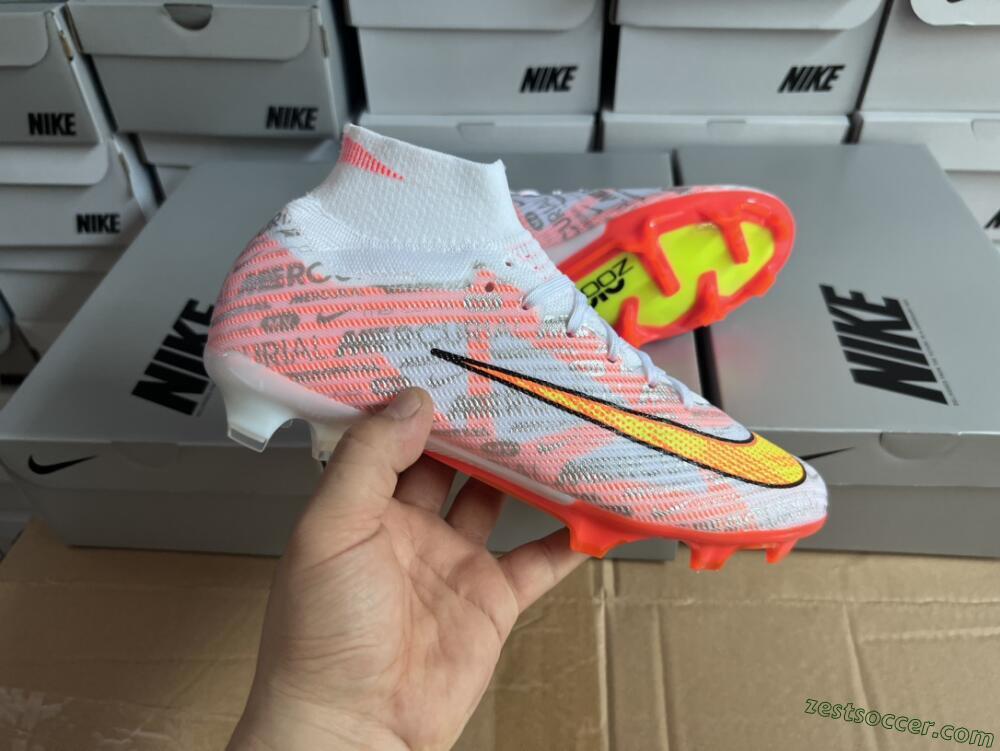 Nike Air Zoom Mercurial Superfly 9 Elite FG High-Tops Soccer Cleats - White/Orange/Sliver