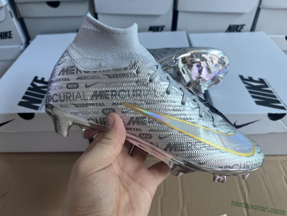 Nike Air Zoom Mercurial Superfly 9 Elite FG High-Tops Soccer Cleats - Silver/Gold