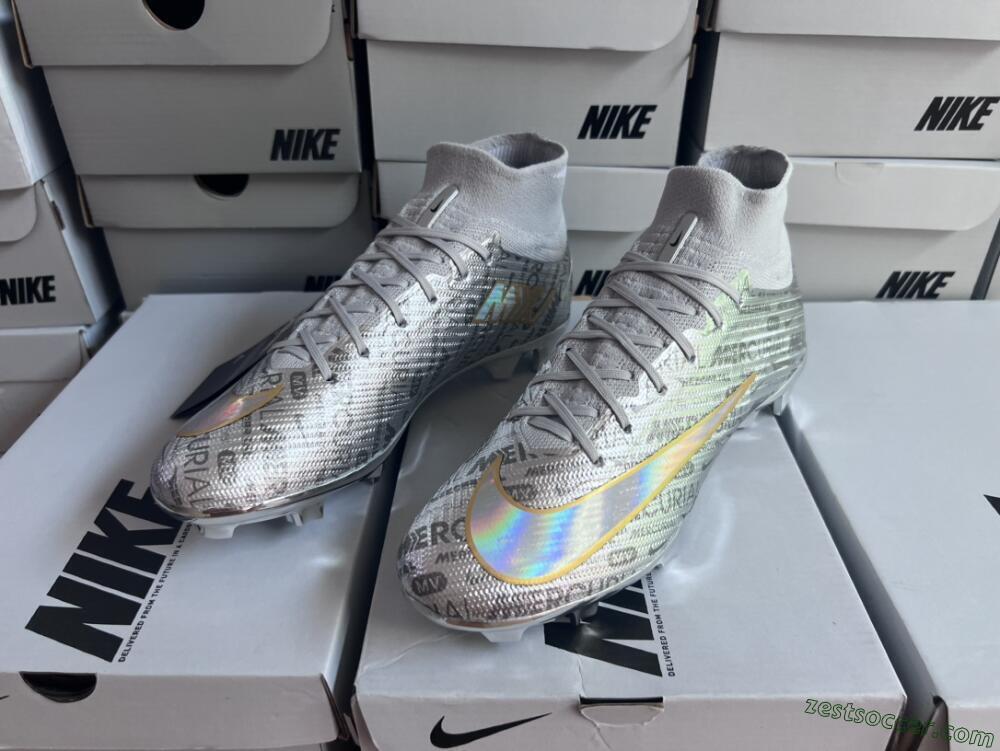 Nike Air Zoom Mercurial Superfly 9 Elite FG High-Tops Soccer Cleats - Silver/Gold
