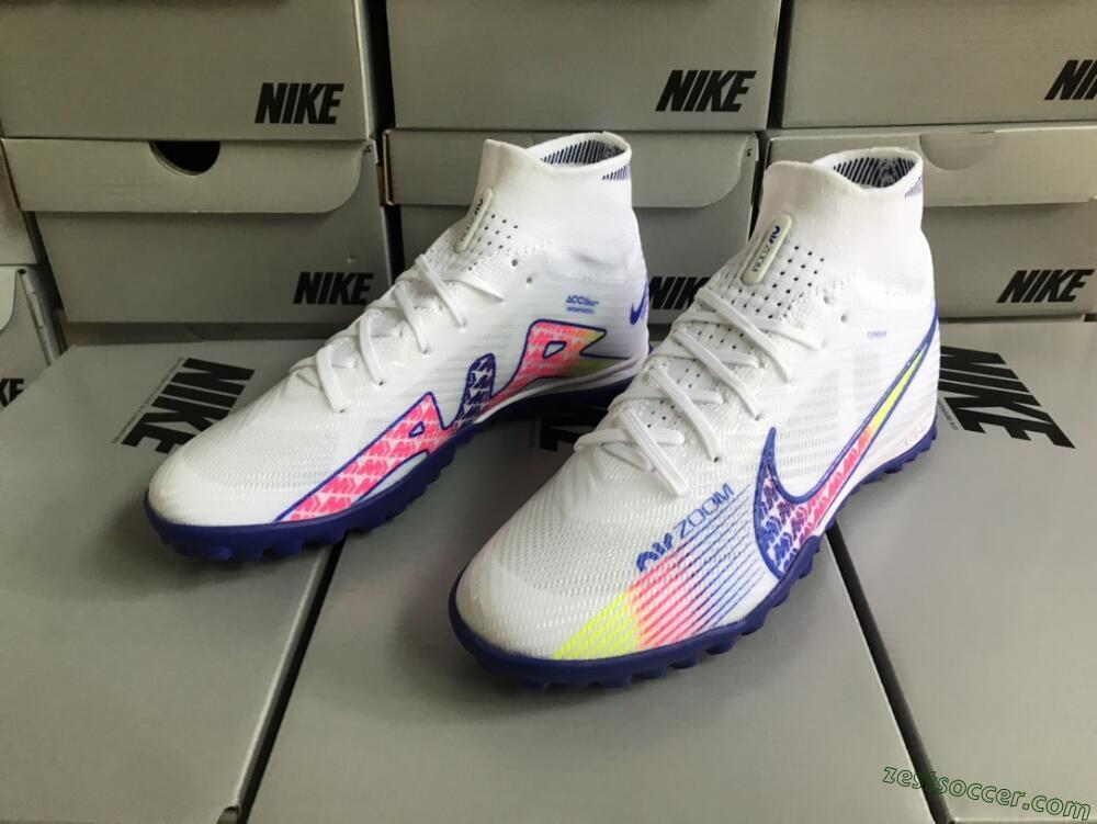 Nike Air Zoom Mercurial Superfly 9 Elite TF High-Tops Soccer Shoes - White/Blue/Pink