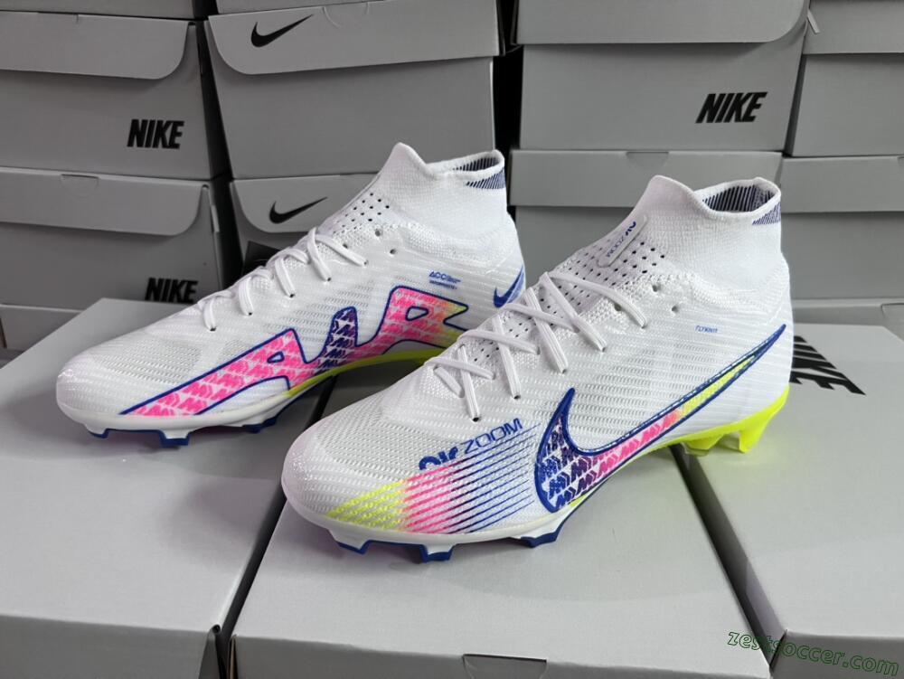 Nike Air Zoom Mercurial Superfly 9 Elite FG High-Tops Soccer Cleats - White/Blue/Pink/Green