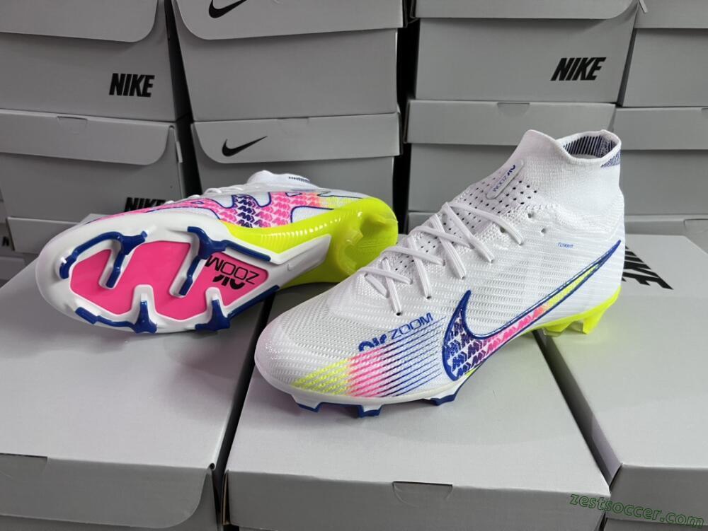 Nike Air Zoom Mercurial Superfly 9 Elite FG High-Tops Soccer Cleats - White/Blue/Pink/Green