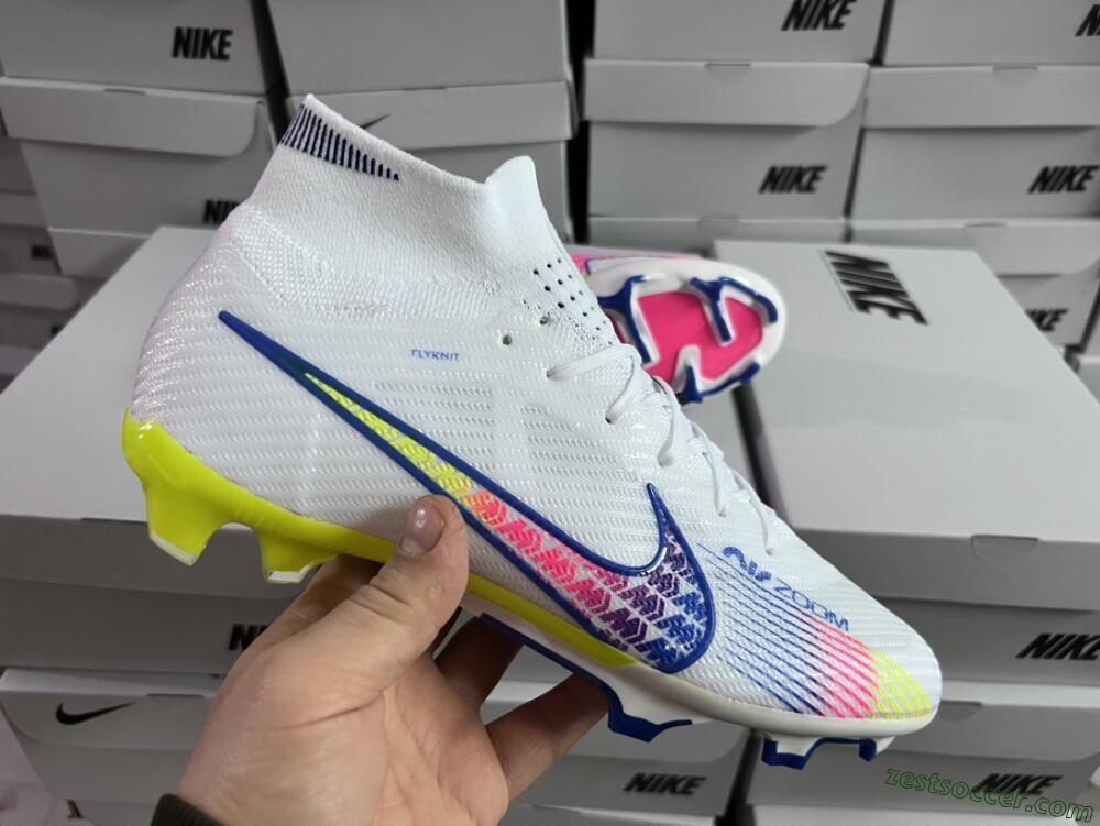 Nike Air Zoom Mercurial Superfly 9 Elite FG High-Tops Soccer Cleats - White/Blue/Pink/Green