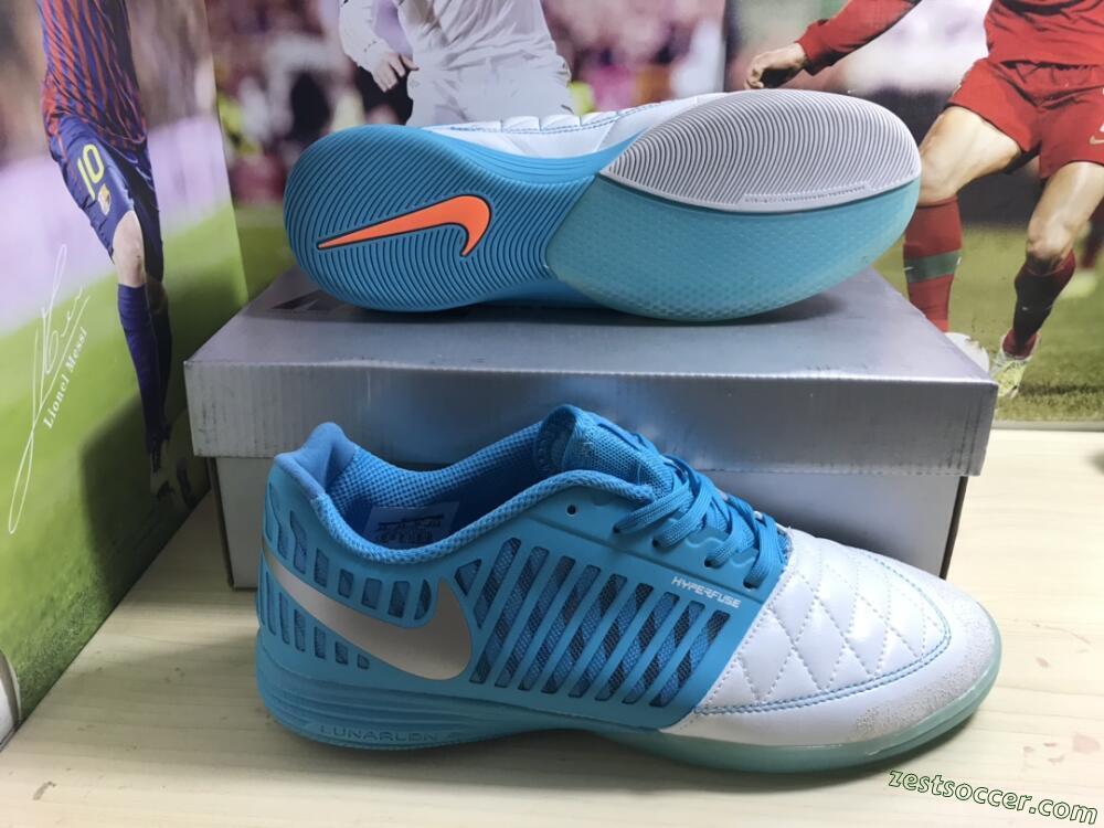 Nike Lunar Gato 2 IC Low-Tops Soccer Shoes - White/Blue/Silver