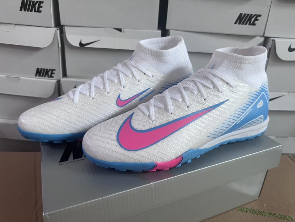 Nike Air Zoom Mercurial Superfly 10 Elite TF High-Tops Soccer Shoes - White/Pink/Blue