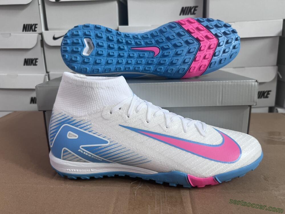 Nike Air Zoom Mercurial Superfly 10 Elite TF High-Tops Soccer Shoes - White/Pink/Blue
