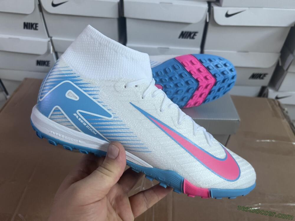 Nike Air Zoom Mercurial Superfly 10 Elite TF High-Tops Soccer Shoes - White/Pink/Blue