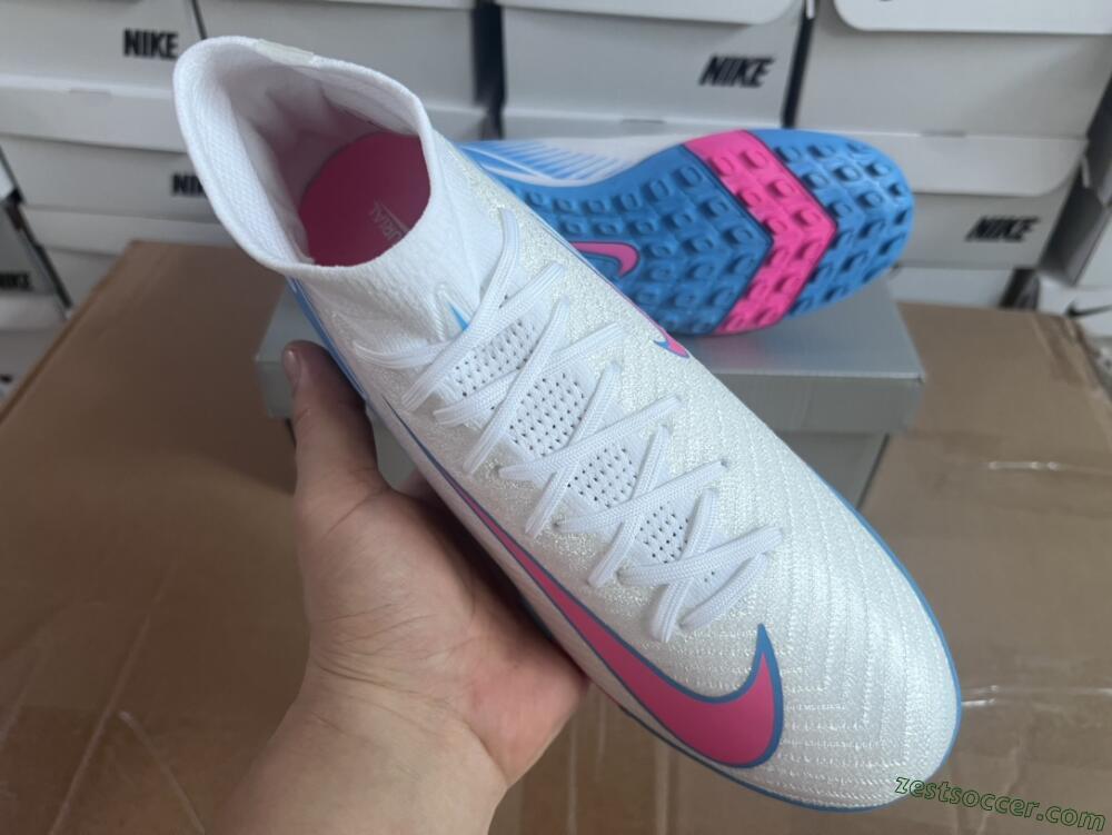 Nike Air Zoom Mercurial Superfly 10 Elite TF High-Tops Soccer Shoes - White/Pink/Blue