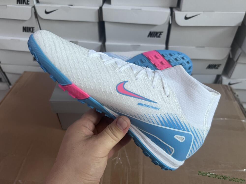 Nike Air Zoom Mercurial Superfly 10 Elite TF High-Tops Soccer Shoes - White/Pink/Blue