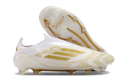Adidas F50 Elite Laceless FG Low-Tops Soccer Cleats - White/Gold
