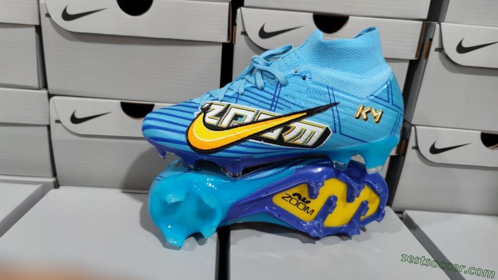 Kylian Mbappe x Nike Air Zoom Mercurial Superfly 9 Elite FG High-Tops Soccer Cleats - Blue/Yellow/Black