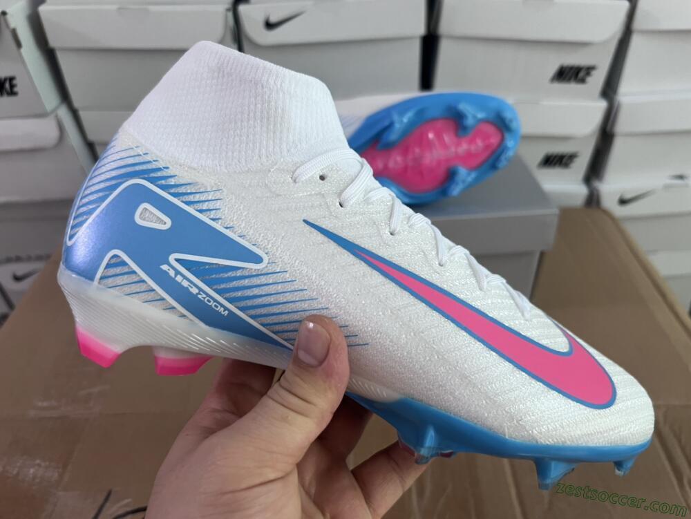 Nike Air Zoom Mercurial Superfly 10 Elite FG High-Tops Soccer Cleats - White/Pink/Blue
