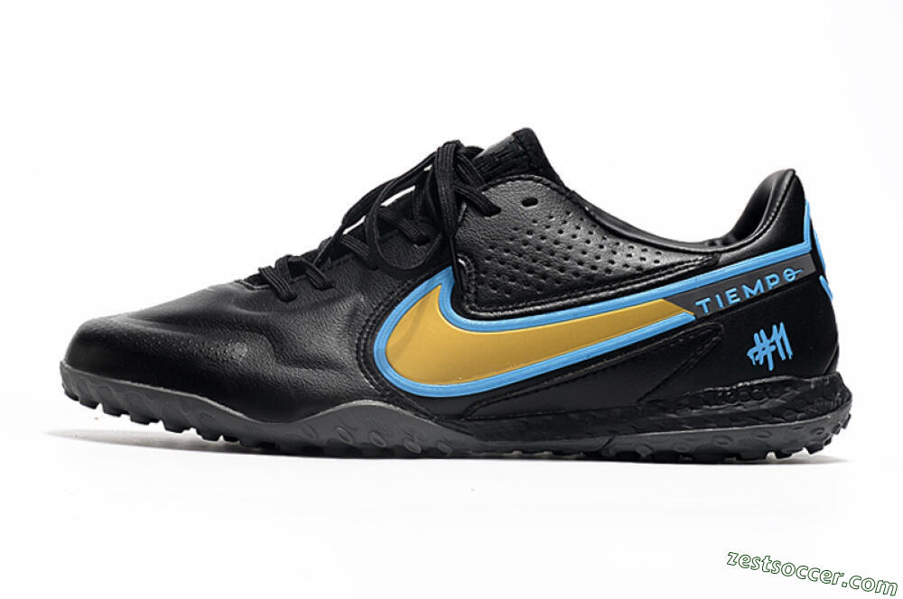 Nike React Tiempo Legend 9 Pro TF Low-Tops Soccer Shoes - Black/Gold/Blue 2
