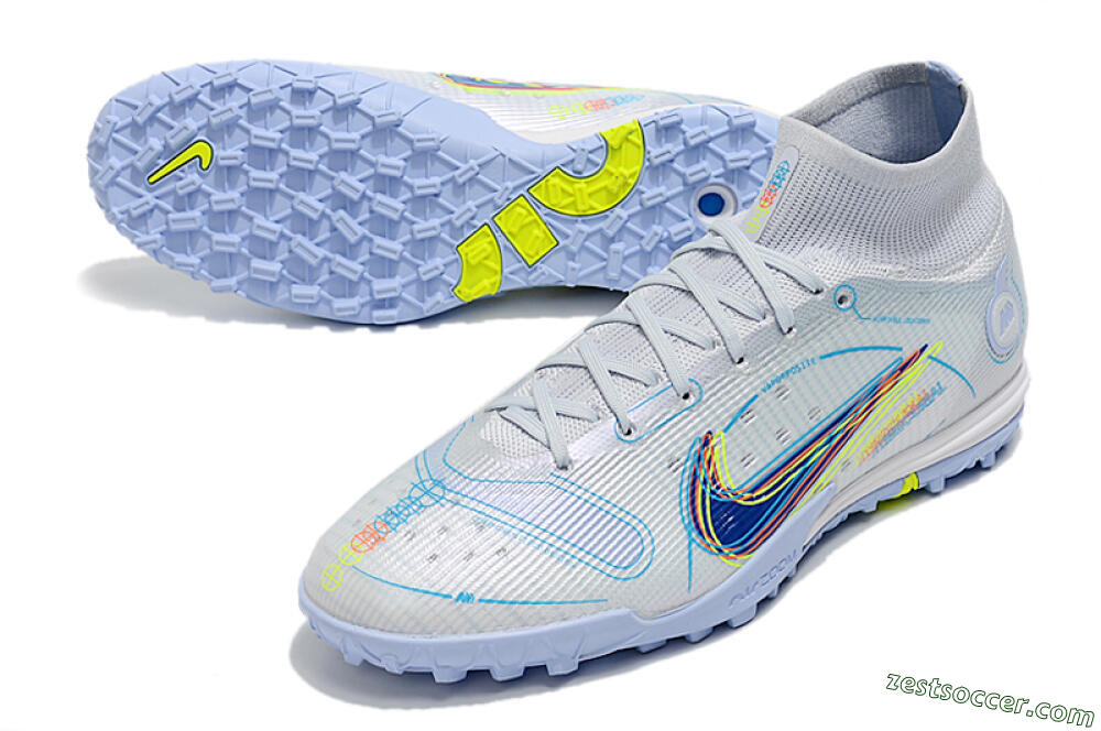 Nike Mercurial Superfly 8 Elite TF High-Tops Soccer Shoes - White/Blue/Yellow 3