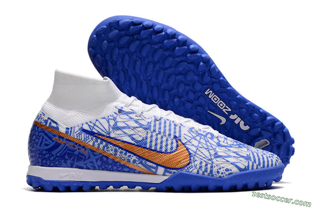 Nike Air Zoom Mercurial Superfly 9 Elite TF High-Tops Soccer Shoes - Blue/White/Gold 0