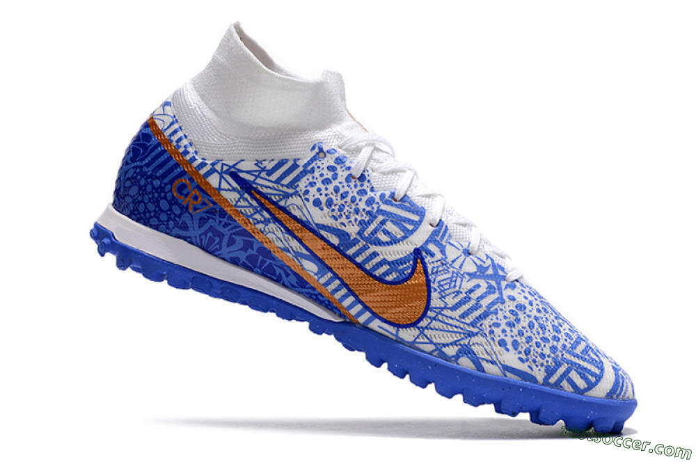 Nike Air Zoom Mercurial Superfly 9 Elite TF High-Tops Soccer Shoes - Blue/White/Gold 4