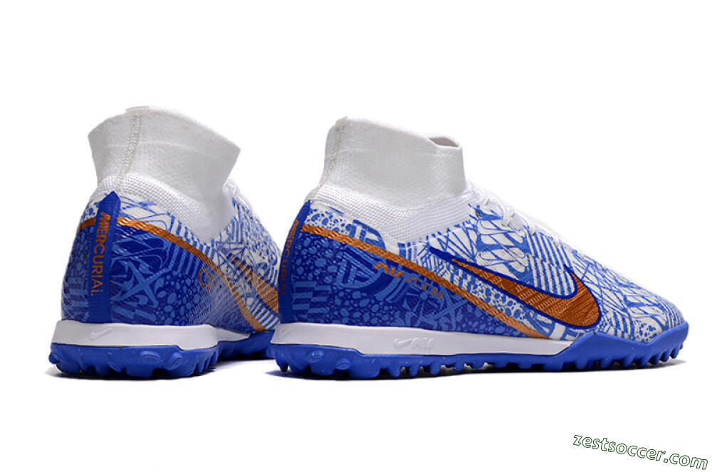 Nike Air Zoom Mercurial Superfly 9 Elite TF High-Tops Soccer Shoes - Blue/White/Gold 6