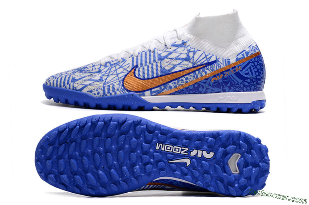 Nike Air Zoom Mercurial Superfly 9 Elite TF High-Tops Soccer Shoes - Blue/White/Gold 1