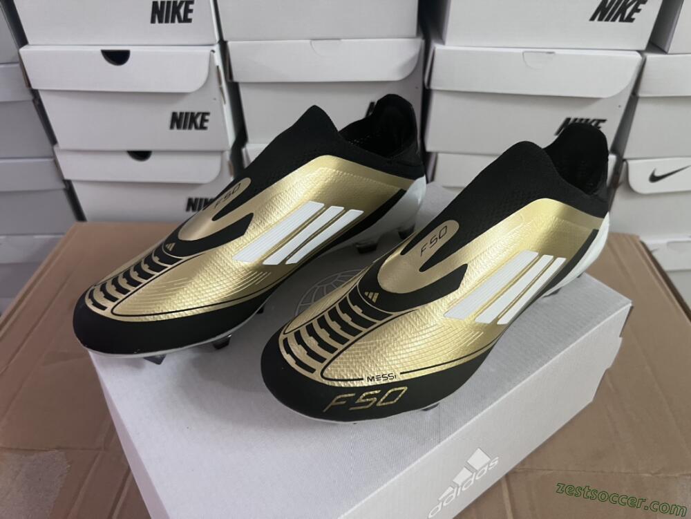 Adidas F50 Adizero Messi Laceless FG Low-Tops Soccer Cleats - Gold/White/Black