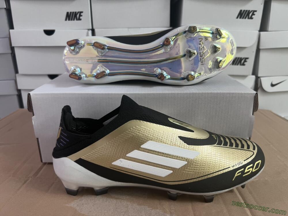 Adidas F50 Adizero Messi Laceless FG Low-Tops Soccer Cleats - Gold/White/Black