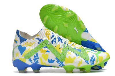 Puma Future Ultimate DNA FG Low-Tops Soccer Cleats - White/Blue/Yellow/Green