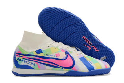 Nike Air Zoom Mercurial Superfly 9 Elite IC High-Tops Soccer Shoes - White/Blue/Pink/Yellow