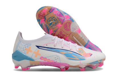 Puma Ultra 5 Ultimate FG Low-Tops Soccer Cleats - White/Pink/Yellow/Blue