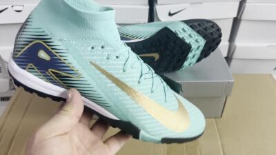 Nike Air Zoom Mercurial Superfly 10 Elite TF High-Tops Soccer Shoes - Jade/Gold/Blue